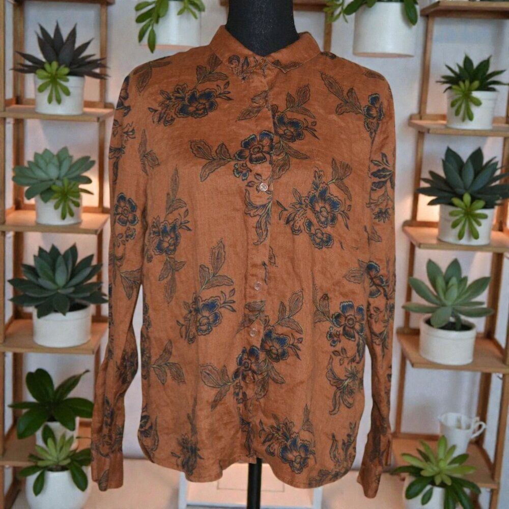 Garnet Hill Gabby Linen Floral Print Rust Burnt Orange Blouse Button Down Top